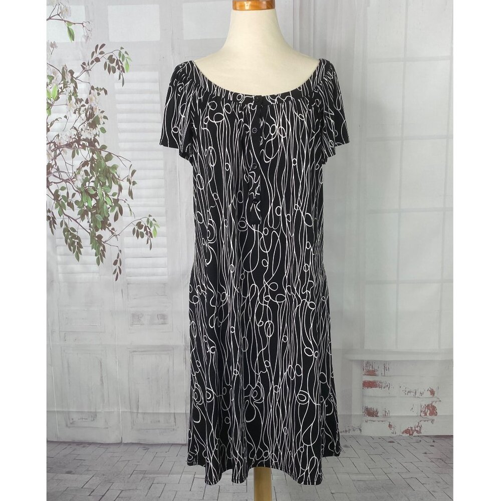 Sandra Darren Shift Dress 12 Black White Stretch Jersey Pockets Scoop Neck Comfy